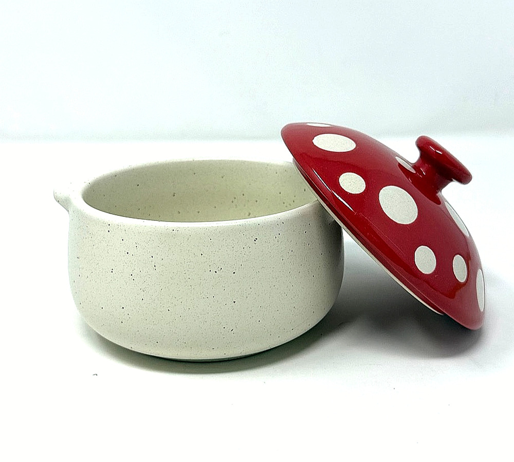 World Market Ceramic Mushroom Soup Bowl w Lid Red White Polka Dot